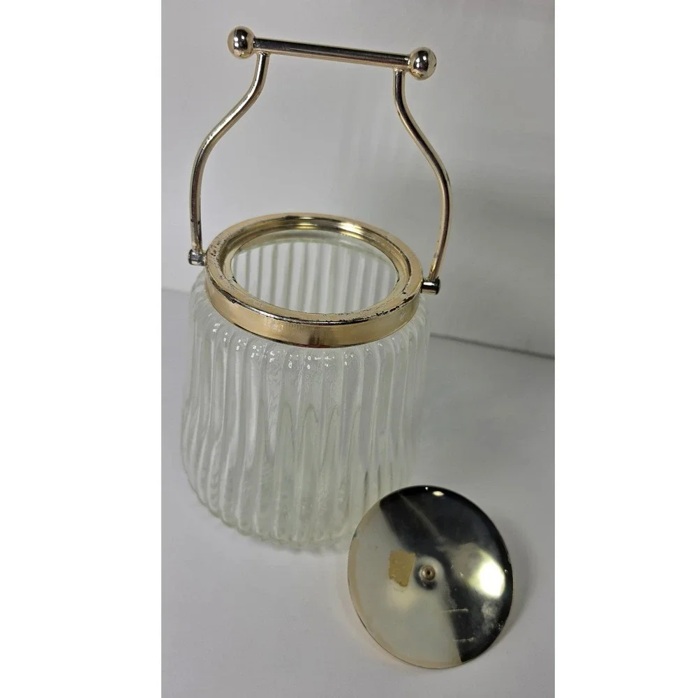 Vintage Ribbed Glass Biscuit Jar Ice Bucket Gold Tone Lid Swing Handle MCM